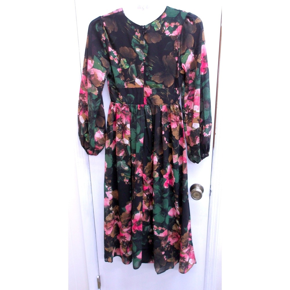 OneTheLand Womens Black Pink Floral V-Neck Long Sleeve Midi Dress Sz S /#26303
